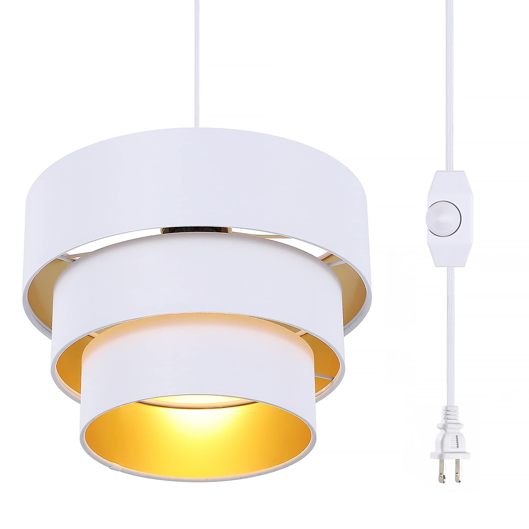 Plug in Pendant Light, Hanging Lamp with Dimmable Switch, Pendant Light Fixtures with 15 Ft Cord, Swag Light with White Fabric Shade for Bedroom, Kitchen, Living Room, Dining Table