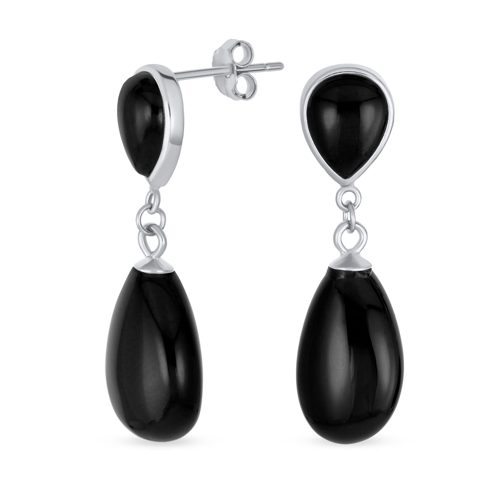Orecchini a doppia goccia delicata: vero onice nero e giada verde pendenti in design classico semplice per donne, placcati in oro giallo 14K su argento sterling .925