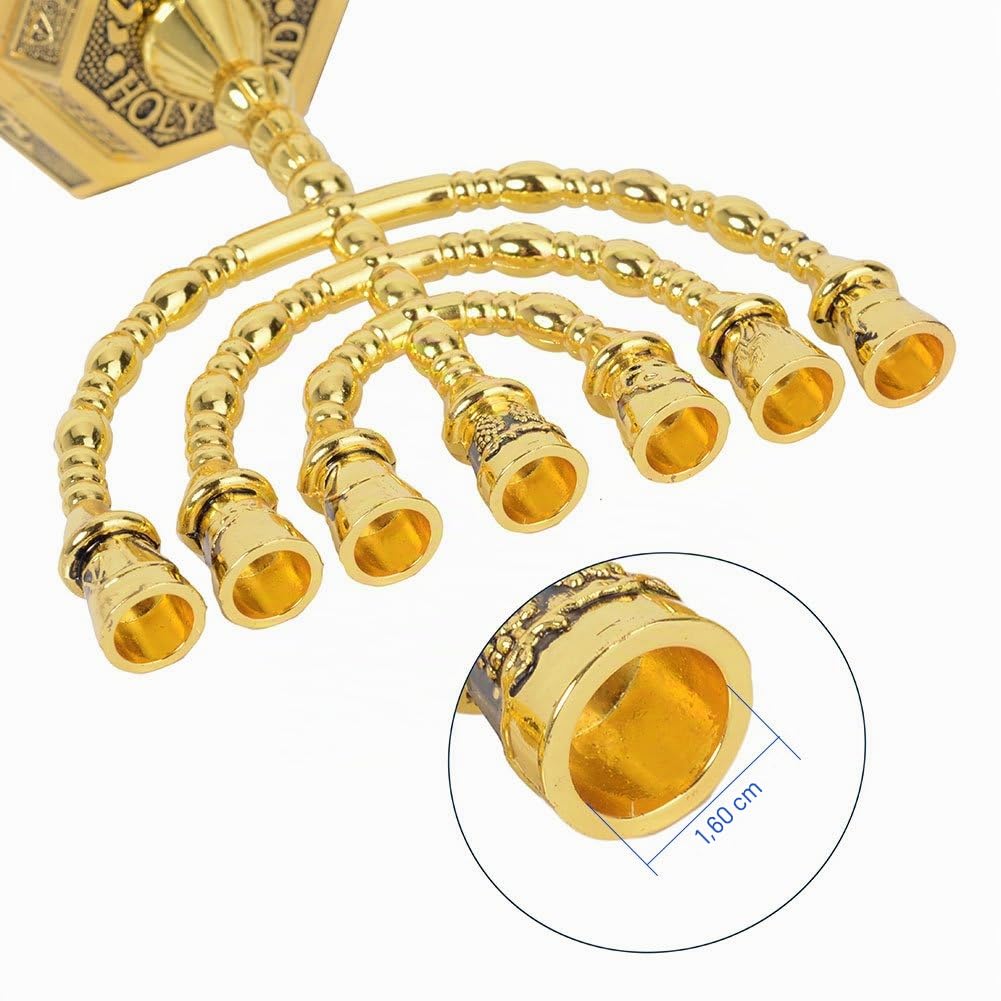 BRTAGG Menorah 7 Ramas, 12 tribus de Israel, candelabro judío con Base Hexagonal (20 cm, Oro)