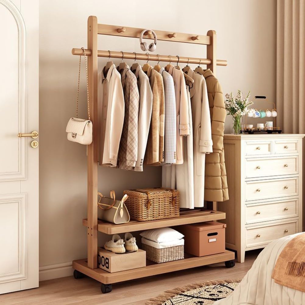 DODOBD Freestanding Bamboo Clothes Rail with Wheels,Multi-functional Garment Rack with Hanging Bar,Open Wardrobe for Hanging Clothes,Coat Rack for Bedroom Hallway Office,65/85/105/120cm