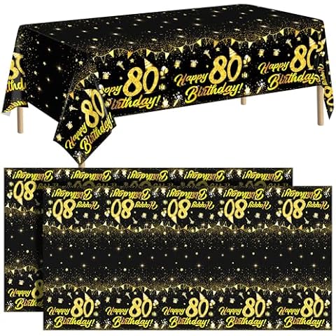 durony 2 Pack 80th Birthday Tablecloth Table Cover Plastic Black Gold Happy Tablecloth Waterproof Rectangular Table Cloth Cover for Indoor or Outdoor Parties Birthday Cover