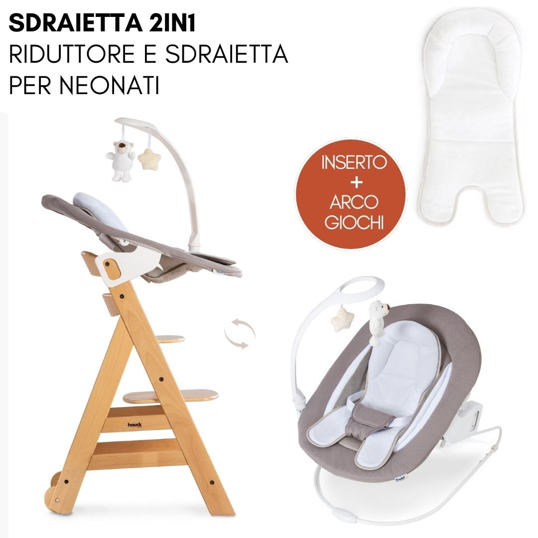 hauck Seggiolone Beta Plus Newborn Deluxe - Seggiolone Legno Evolutivo con Sdraietta Neonati, Dondolo Neonati, Cuscino Seduta e Vassoio - (Naturale Beige)