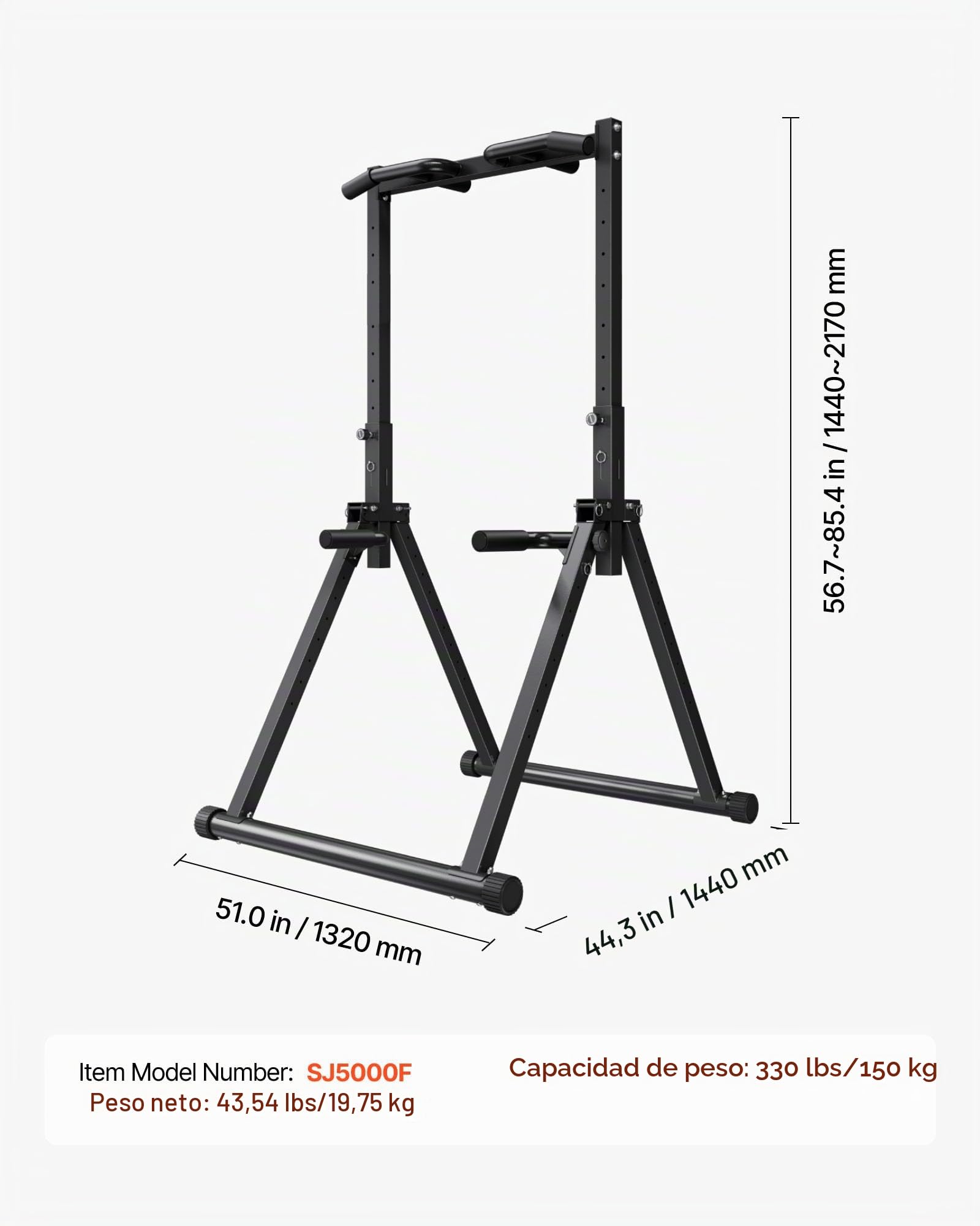 VEVOR Barra de Dominadas/Estación de Fondos Plegable, Carga de 150 kg, Estructura Triangular y Tubo de Acero Robusto, 9 Posiciones, para Entrenamiento de Fuerza de Brazos y Espalda, Color Negro