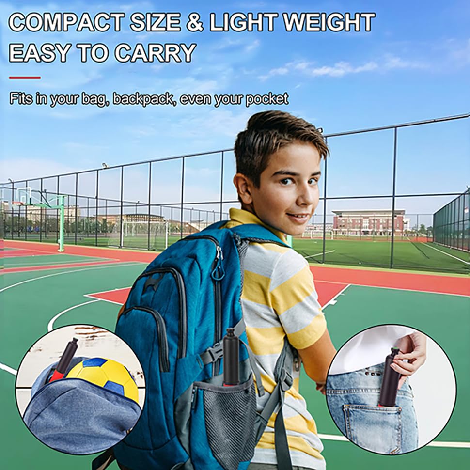 Pompe de basket-ball anti-perte d'aiguille avec compartiment de rangement intégré et tuyau souple
