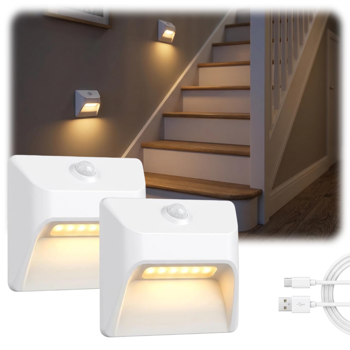 KEIY Motion Sensor Lights Indoor, 2200mAh High-Capacity Battery, LED Rechargeable & Magnetic Night Lights, Stick on Walls, Stairs, Wardrobe, Cupboard, Hallway, Toilet, Bedroom, Warm White, 2 Pack