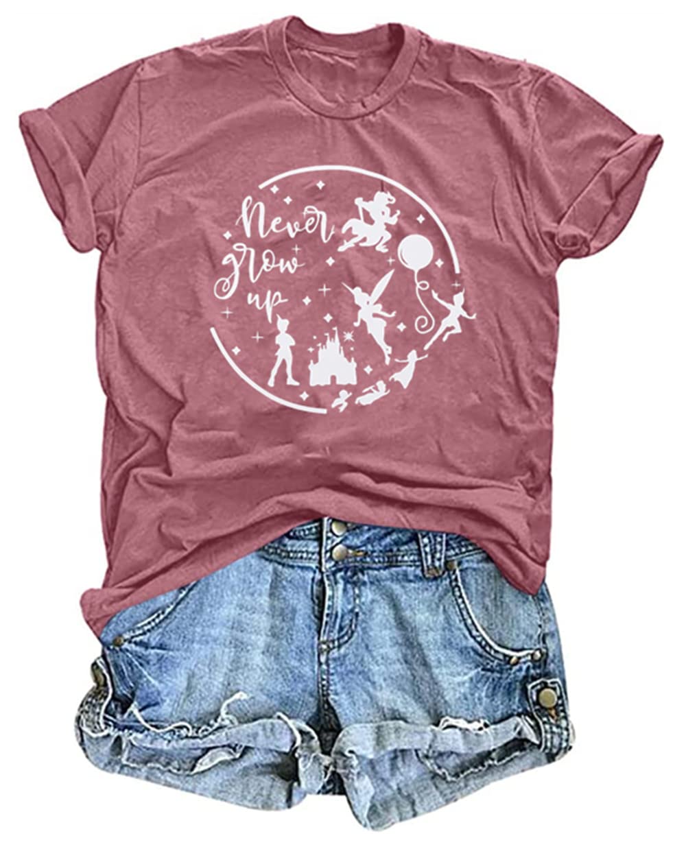 Never Grow Up T-Shirt Women Funny Magic Kingdom Shirt Prince Fairy Castle Graphic Tee Tops Cute Vacation Shirts