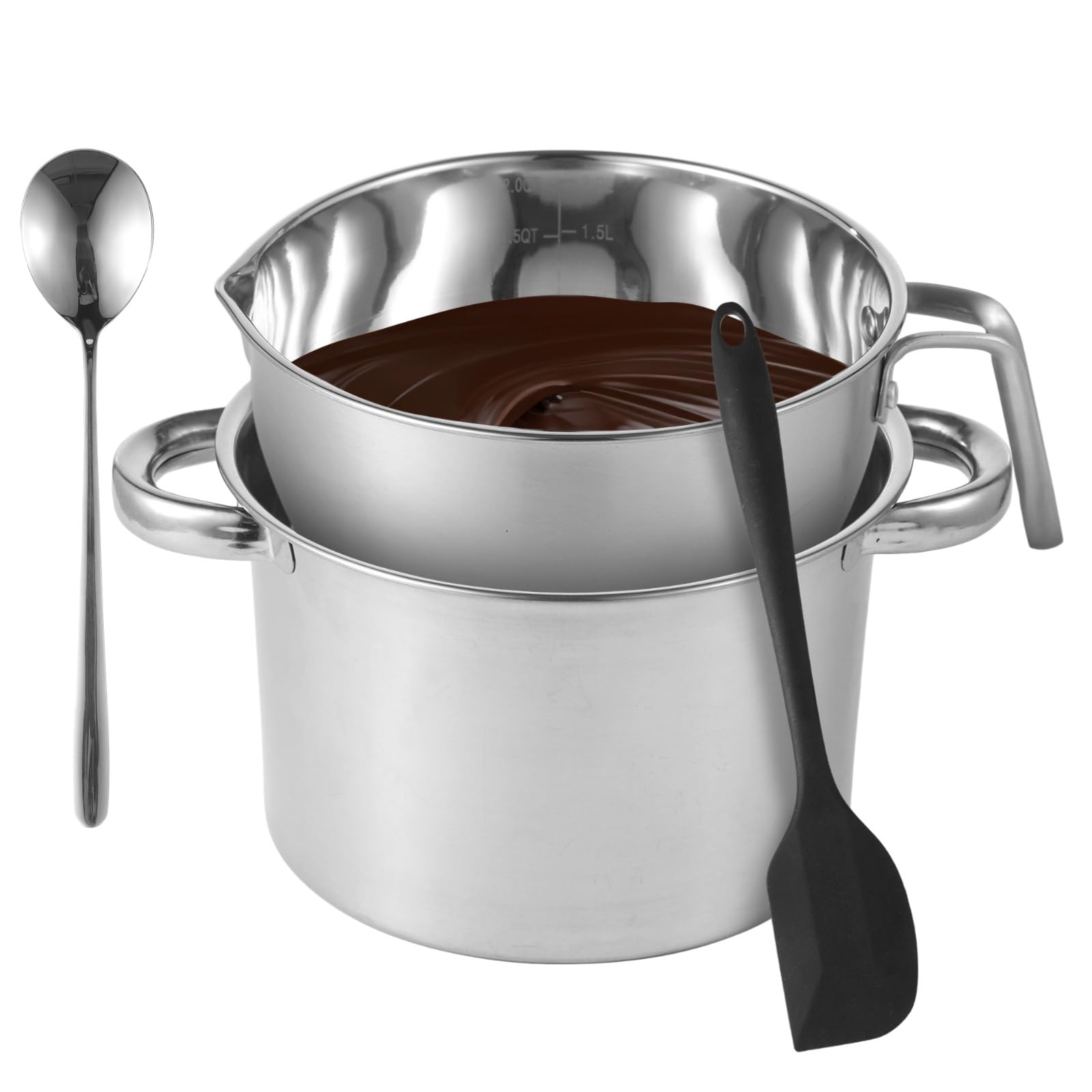 Edelstahl Doppelkocher-Topfset, 2,0 QT Schokoladenschmelzschüssel mit Skala und Griff, Küchen Wasserbad Topf, Silikonspatel