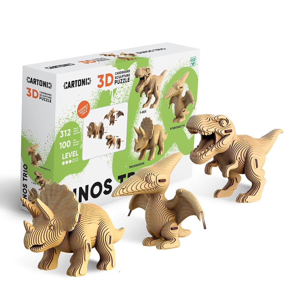 Dinosaurios Trio Puzzle 3D de Cartón – Set 3 en 1, 312 Piezas, Cartón Reciclado Sin Plástico, Escultura DIY para Pintar, Idea de Regalo