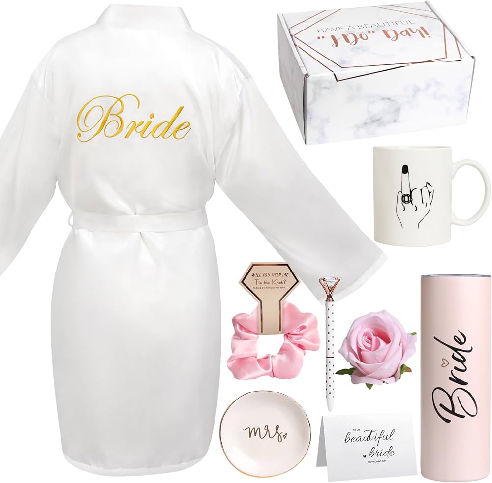 8Pcs Bridal Shower Gift, Bride to Be Gifts, Bridal Shower Gifts for Bride to Be, Gift Box Sets Bridal Silk Robes Tumbler Cup Mug Jewelry Tray, Wedding Engagement Gift for her(M)