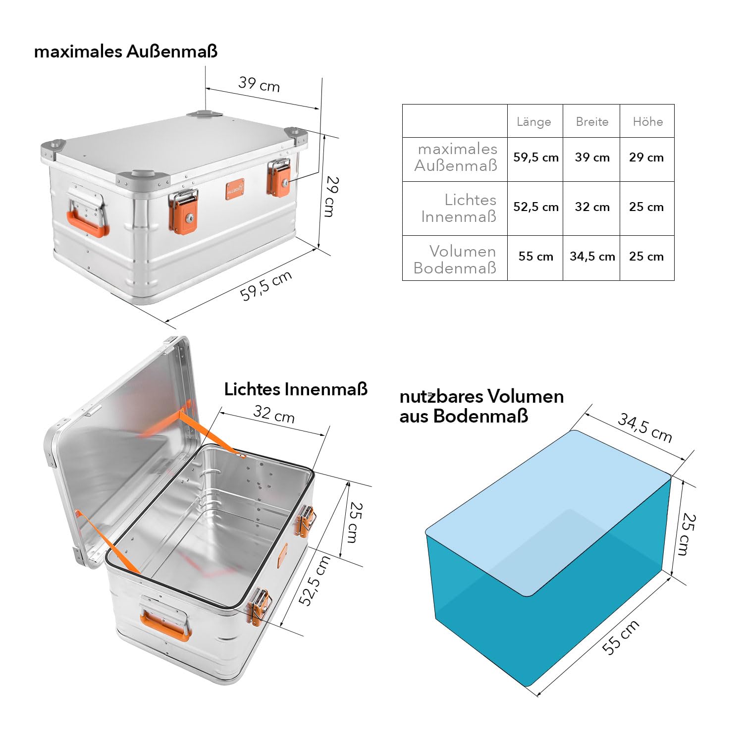 Alubox Alukiste abschließbar ES47 - Premium Aluminium Lagerbox 47 Liter mit Schaumstoffmatten Würfelschaum - Deckel mit Aluminium Druckguss Stapelecken und Gummidichtung - inklusive Schlösser