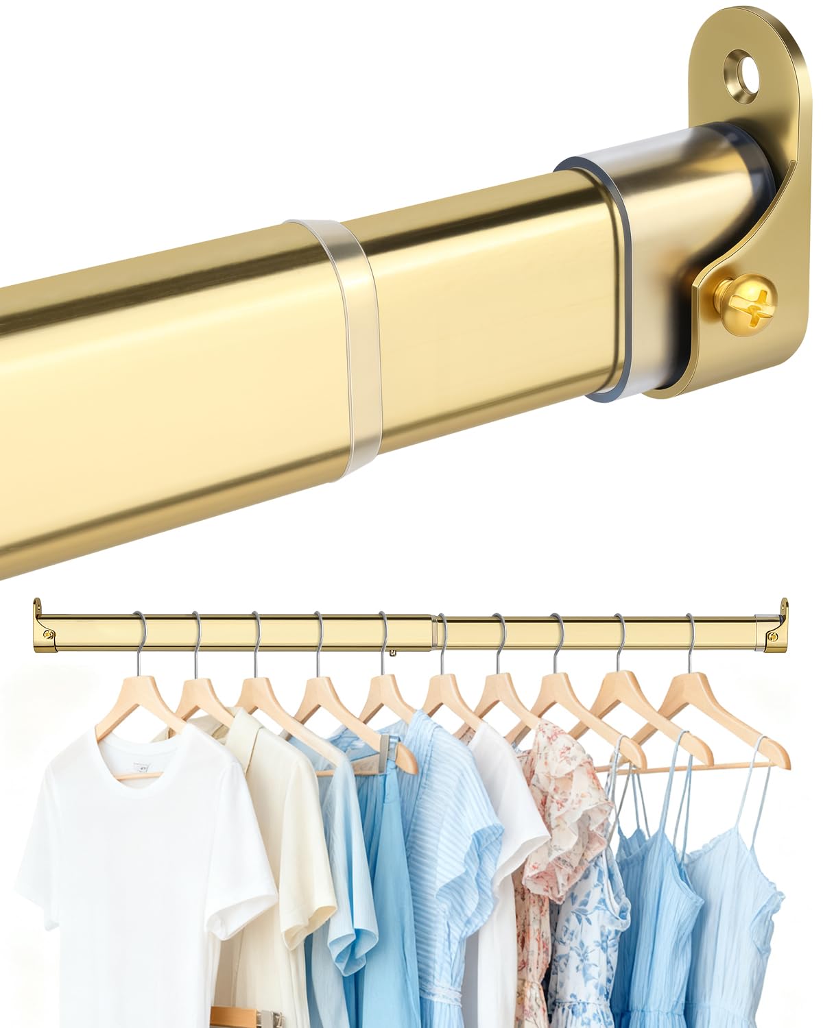 Photo 1 of Oval Closet Rod for Hanging Clothes 18.2 to 31 Inch, Includes End Supports, Adjustable Wardrobe Tube, Heavy Duty Extendable Closet Pole, Carbon Steel, Gold