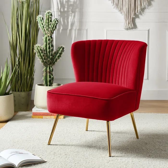 Image of Modern Upholstered Accent Velvet Chair Single Seater Channel Tufted Wing Back Chair with Golden Matel Legs for Living Room, Bedroom, Dining Room, Red