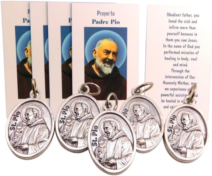 Padre Pio Medals and Holy Card Catholic Saint Bulk Classroom or Church Group Pack Set, 5 of Each