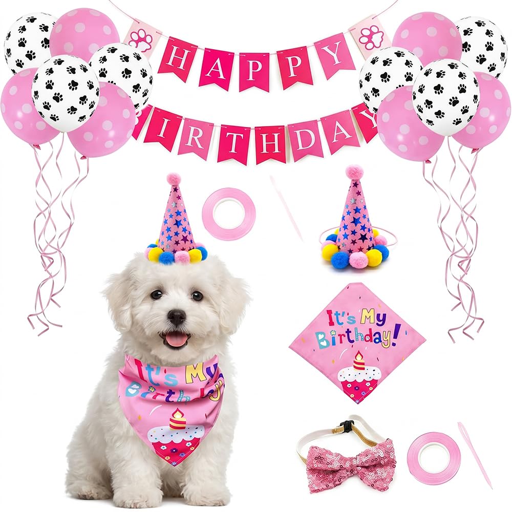 16Pcs Dog Birthday Party Supplies, Pet Puppy Cat Birthday Decorations Kit with Happy Birthday Banner, Paw Print Balloons, Bandana, Hat and Bow Tie for Dog Adoption Day Photo Prop (Pink)