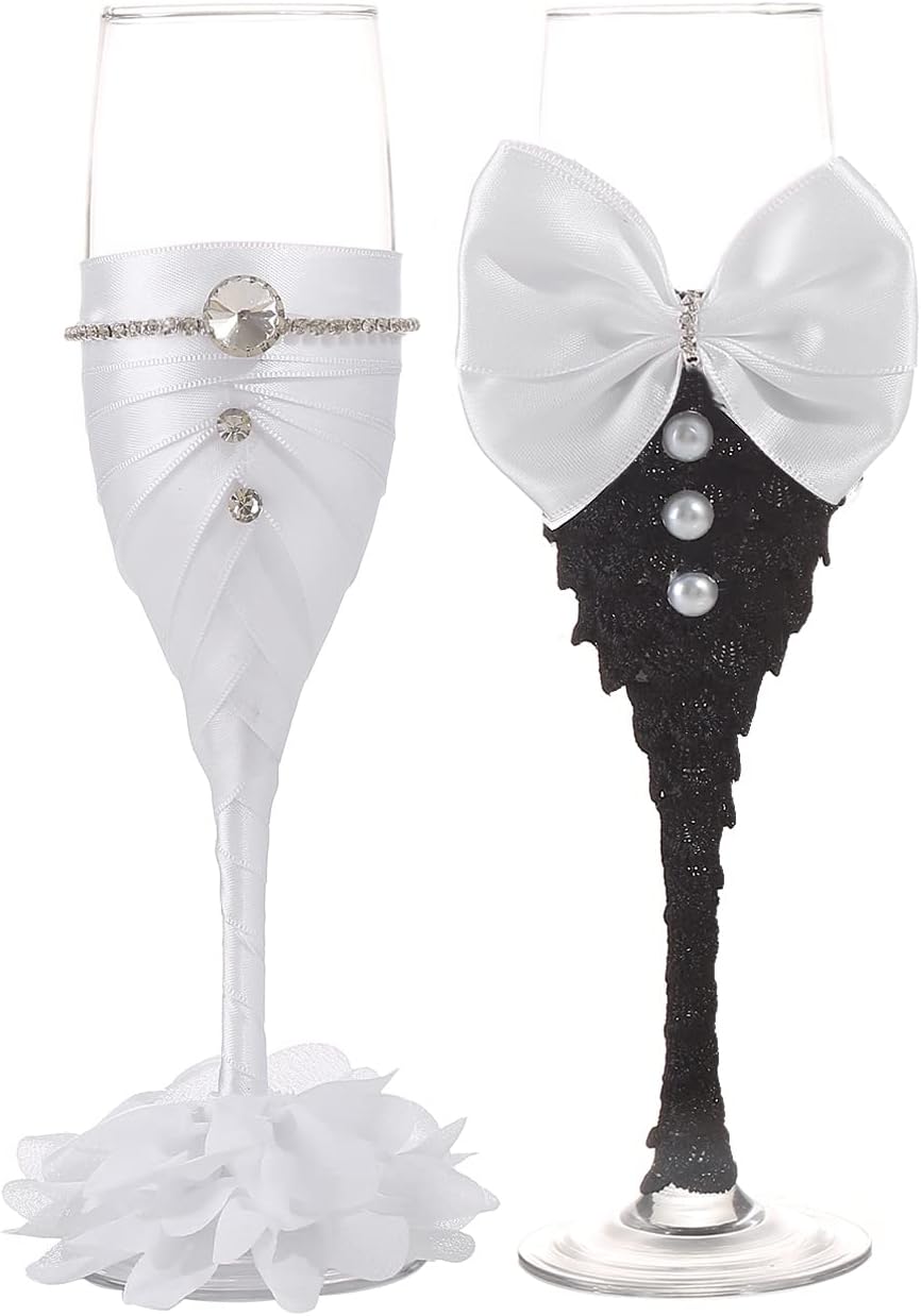 TRUE LOVE GIFT Wedding Champagne Glasses for Bride and Groom - Toasting Bridal Shower Gifts - Mr and Mrs Wedding Glasses - Set of 2