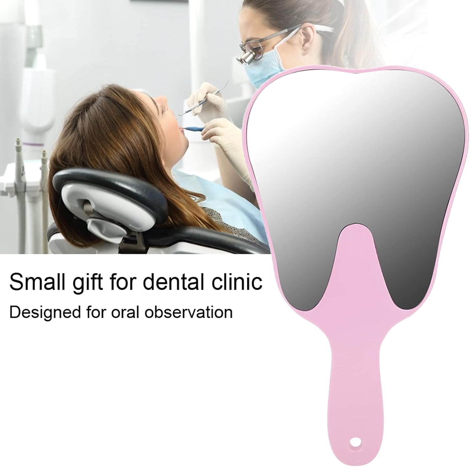 Agatige Tooth Shaped Handheld Mirror, Tooth Shaped Dental Mirror Cute Design Handle Makeup Cosmetic Mirror Portable Dental Accessory with Handle for Women Men (1PCS, Pink)