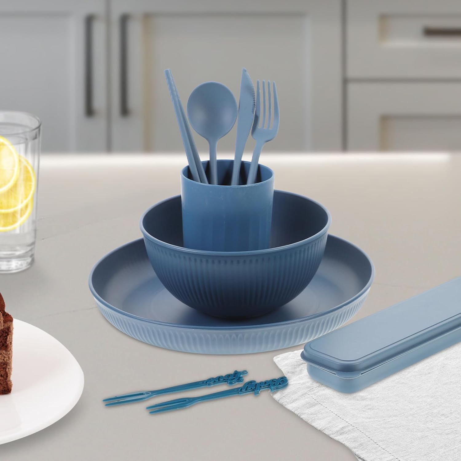 MAGICLULU 40-Piece Wheat Straw Cutlery Set with Plates Bowls Forks Spoons and Chopsticks for Camping and Travel Reusable and Utensils with Case