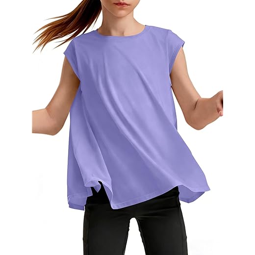Haloumoning Girls Cap Sleeve Athletic Shirts Kids Summer Crewneck Oversized Workout Tops Gym Yoga Tees 5-14 Years