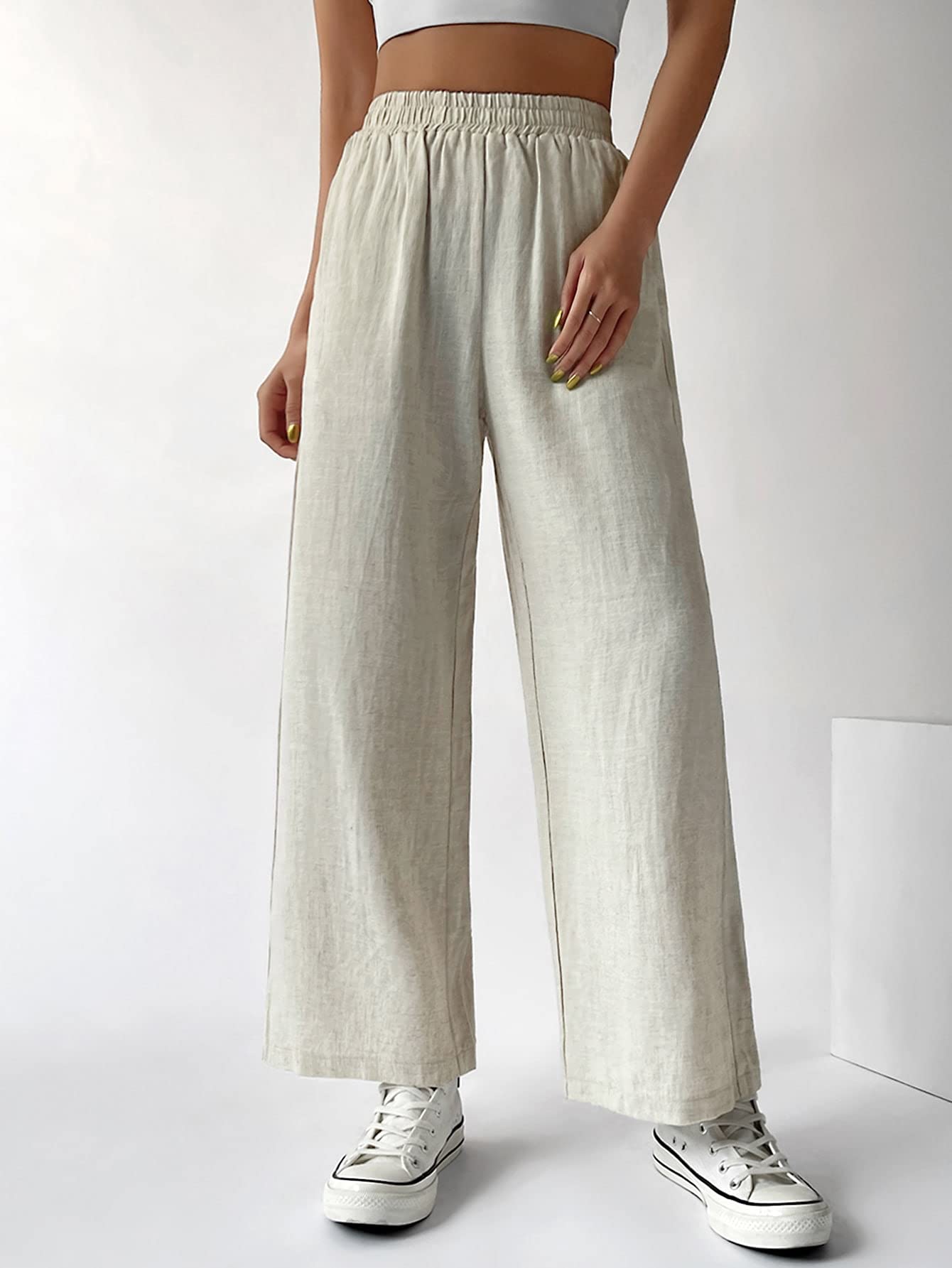 CRYBA Womens Pants Elastic Waist Pocket Patched Wide Leg Pants Pant for Women