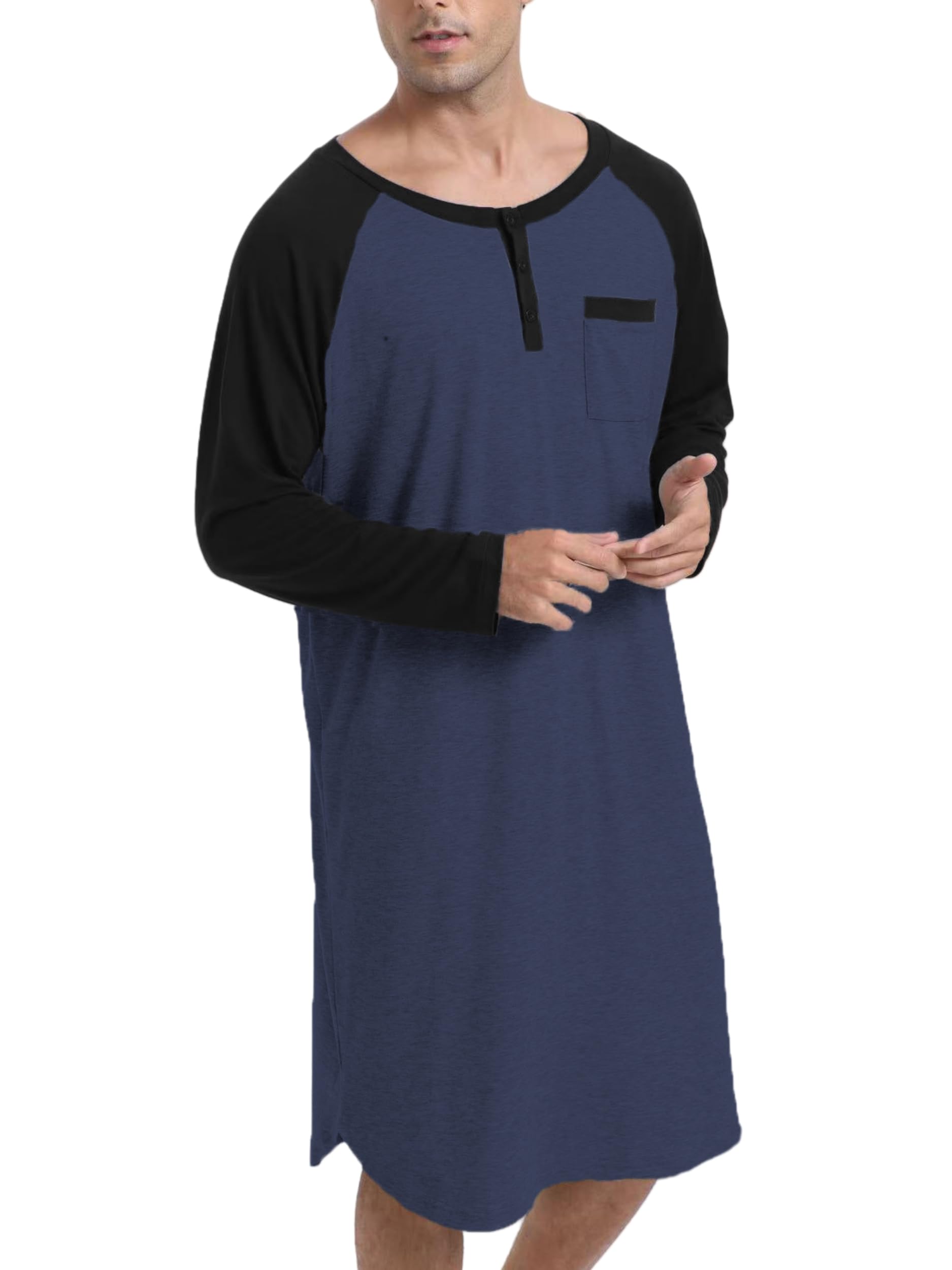 Enjoyoself Herren Nachthemd Langarm Baumwolle Langes Schlafshirt Leicht Luftig Pyjamaoberteil Nachtwäsche für Krankenhaus