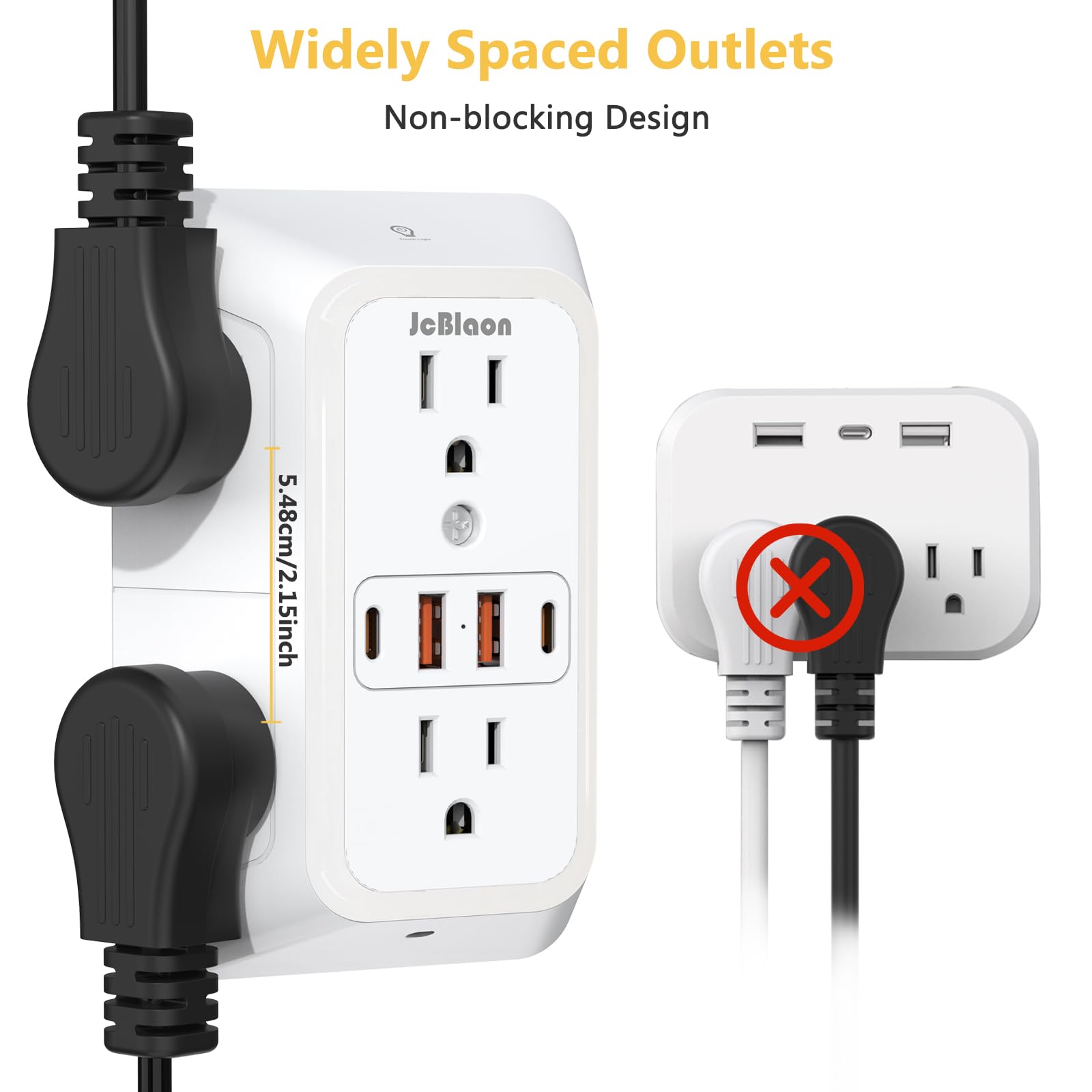 Steckdosenverlängerung mit Nachtlicht, Netzstecker-Adapter, 6 Steckdosenverlängerungen mit 4 USB-Ladeanschlüssen, 1050J Steckdosenleiste, Multi-Stecker-Adapter, Abstand für Zuhause, Reisen, Büro (2U2C
