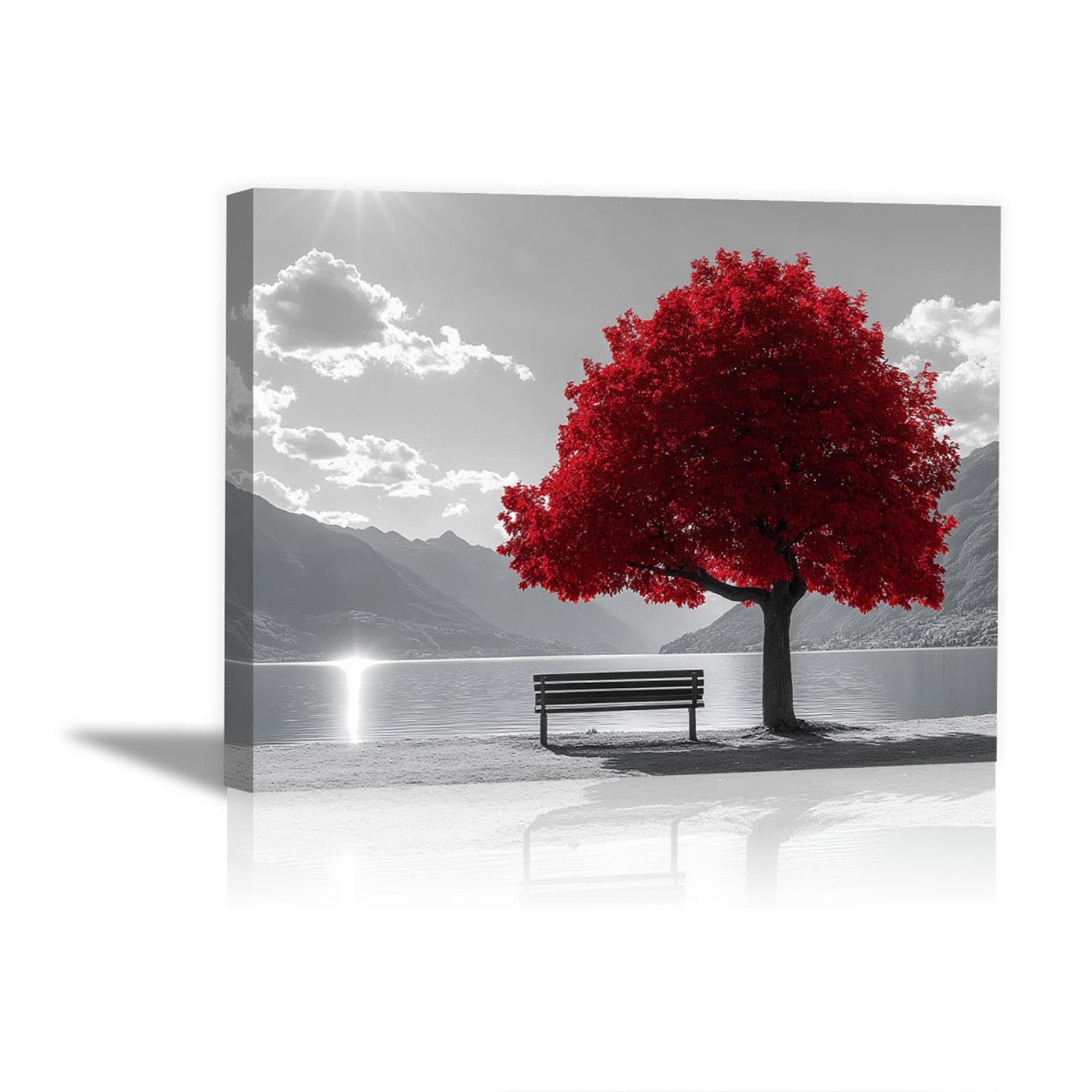 HOQIU Cuadros En Blanco Y Negro, cuadro decorativo, Silla bajo un árbol junto al río Salon para Dormitorio, Baño - 30x40cm Enmarcado(Rojo)