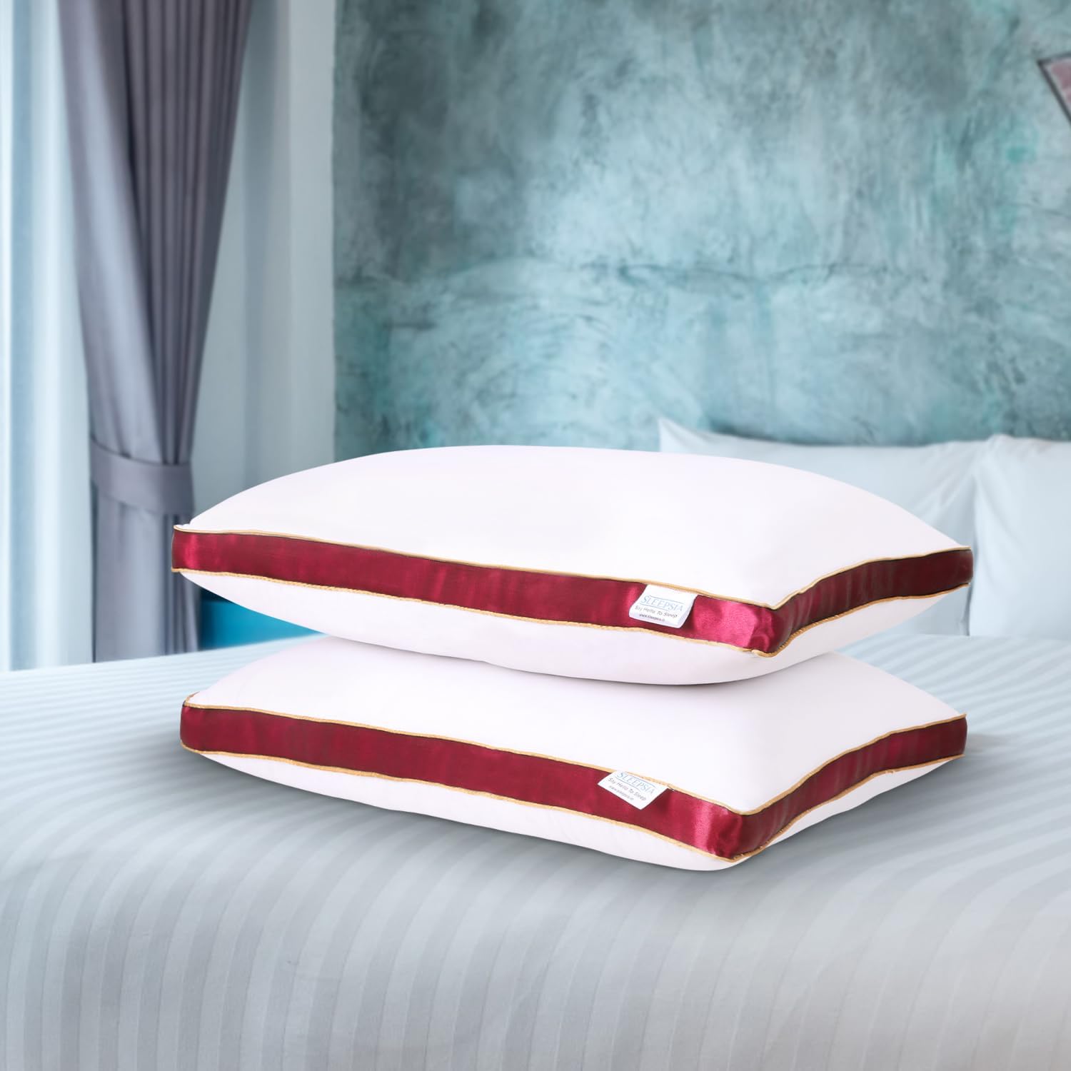 Sleepsia Microfiber Bed Pillow for Sleeping | Down Alternative Ultrasoft Cotton Washable Pillow with Satin Gusset | Soft Pillow with Red Decorative Stripes | Queen (Pack of 2) (B0CXT14HTH) Amazon Price History, Amazon Price Tracker