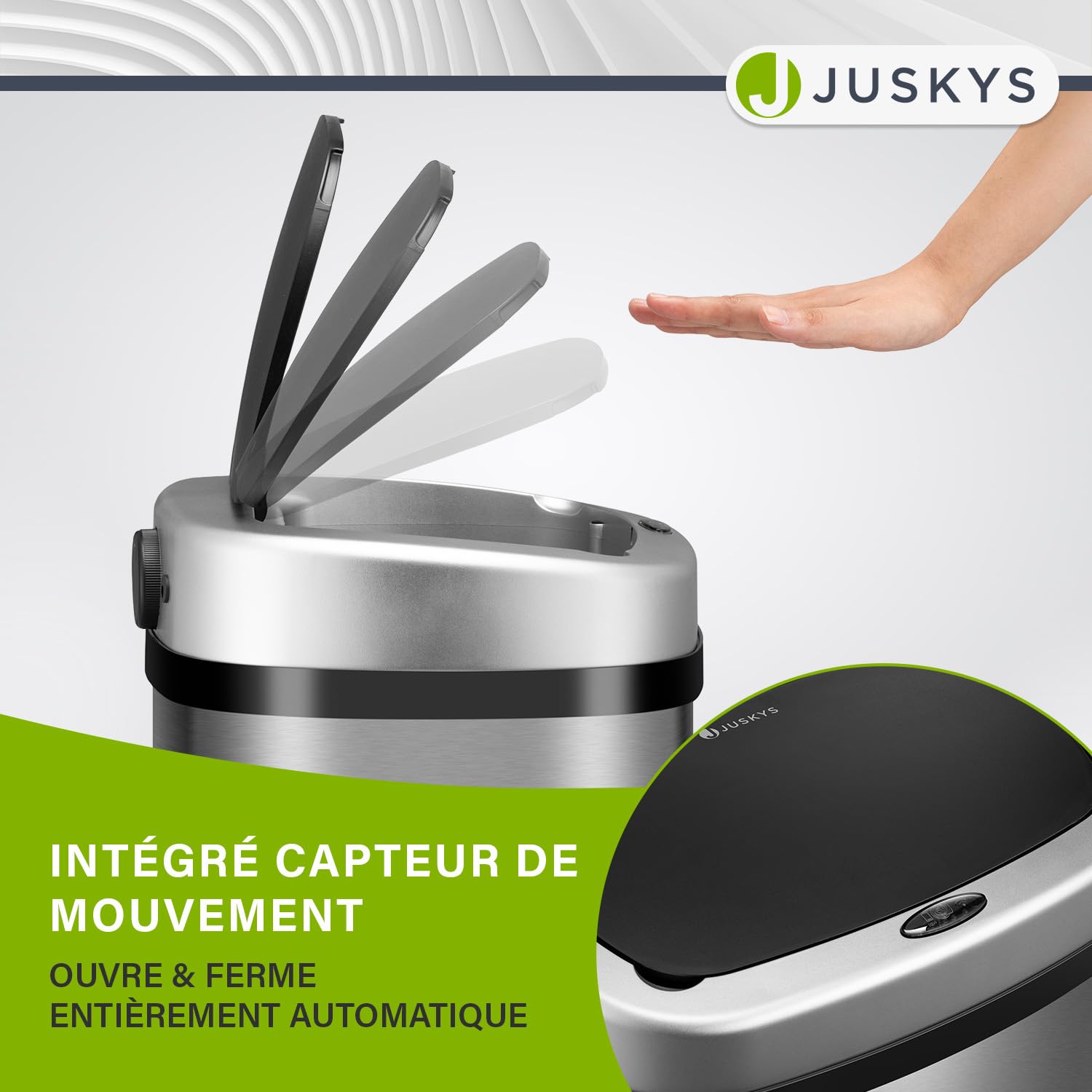 Juskys Poubelle automatique avec capteur de 70 L - poubelle électrique, détecteur de mouvement, couvercle automatique, étanche, rectangulaire, cuisine - argenté — vue 6