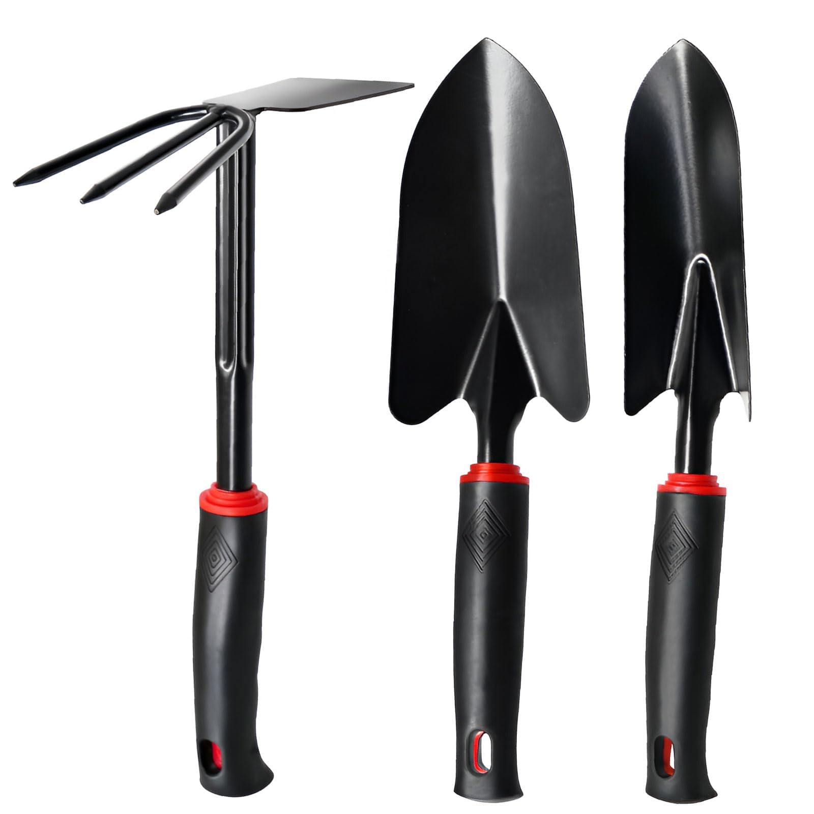 Herramientas de jardinería de 3 Piezas con Mango Antideslizante – Kit Profesional de Acero Inoxidable para plantación, excavación y azada (Pala, trasplantador, azada Doble)