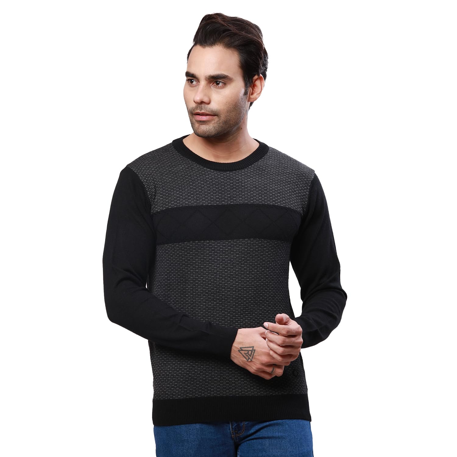 raymond Men's Regular Fit Acrylic Wool Blend Full Sleeve Round Neck Jacquard Pattern Black Casual Sweater-picture-17