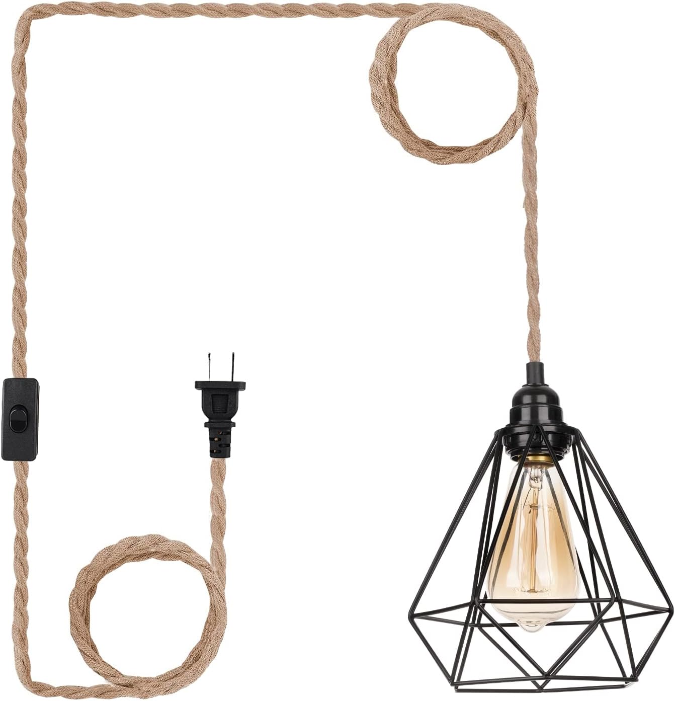 Frideko Hanging Lamp - 16.5ft Plug in Pendant Light, Farmhouse Hanging Lights with Plug in Cord, Industrial Hemp Rope Hanging Light Hanging Lamps That Plug into Wall Outlet for Living Room Bedroom