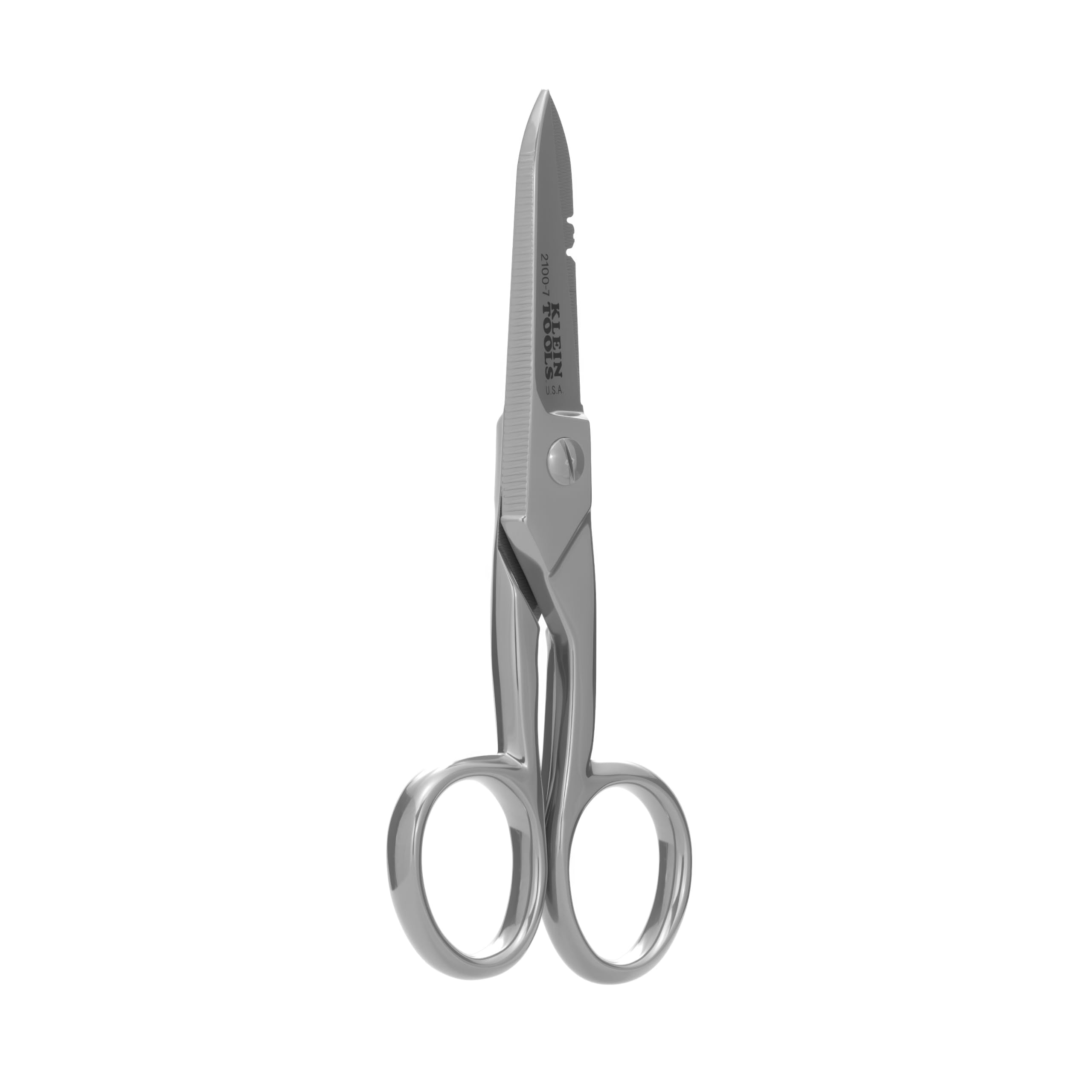 Klein Tools 2100-7 | Ciseaux d’électricien nickelés | Encoches 0,91 mm² et 0,26 mm² | Lame dentelée | Grattoir et lime | Acier anticorrosion
