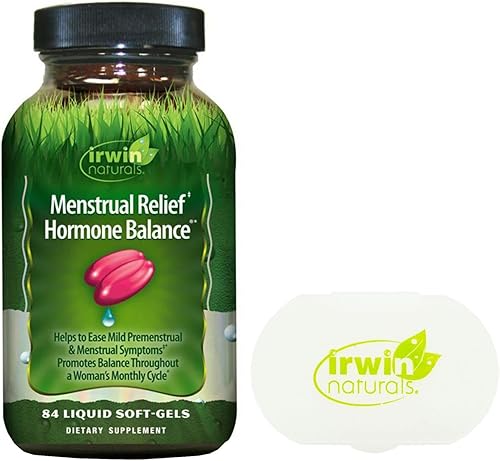 Irwin Naturals Equilibrio hormonal de alivio menstrual, paquete de 84 cápsulas blandas líquidas con una pastillera