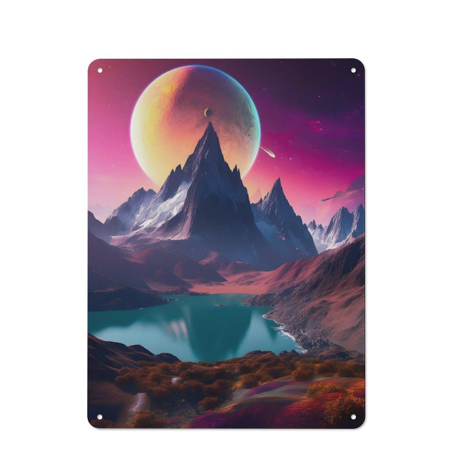 Junmoney Lake And Mountain In Space Metal Wall Sign 40X30cm, Retro Decor For Home Bar Wall, For Metal Sign Collectors, For Garage And Workshop Walls