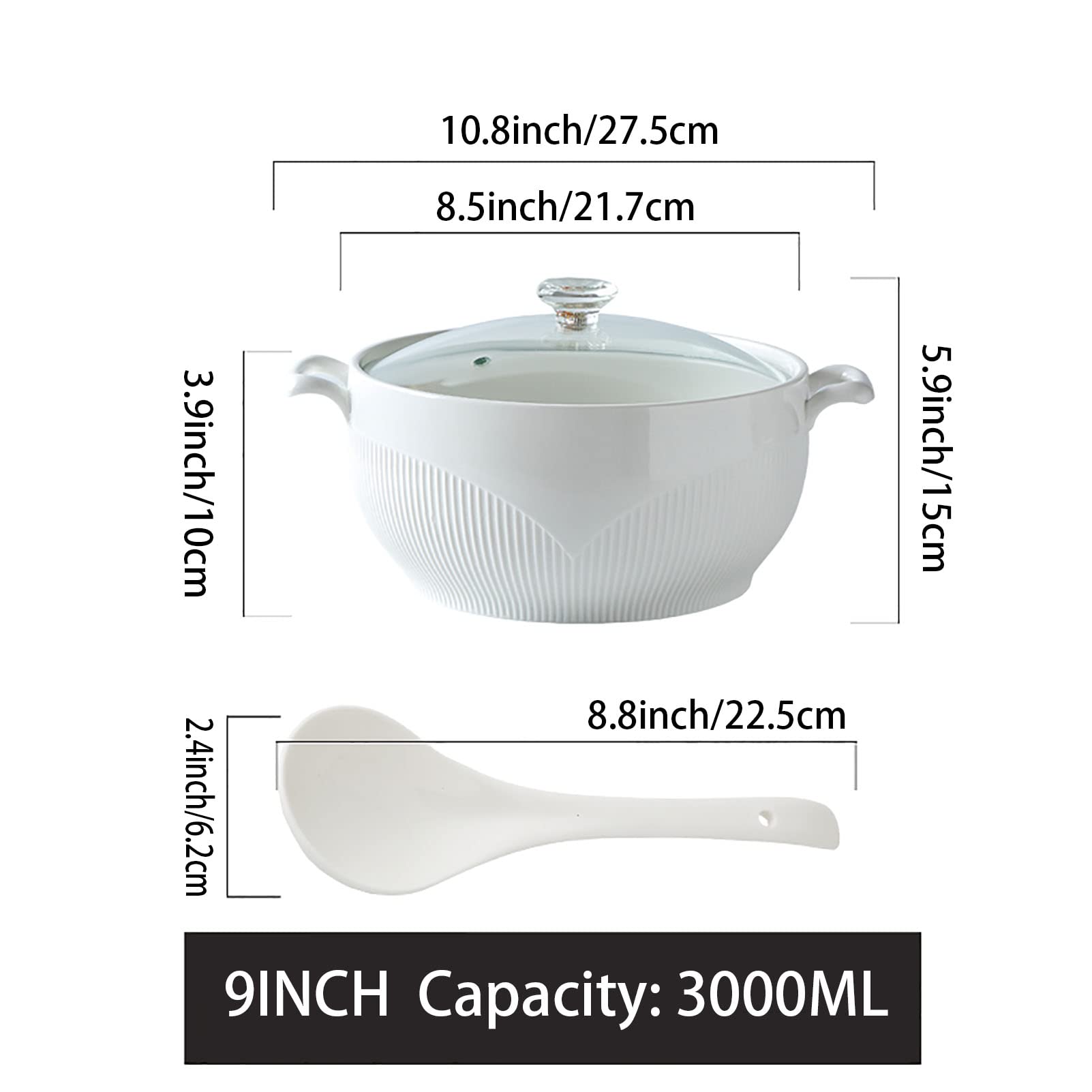 Soupière avec Couvercle en Verre et Cuillère, Bol à Soupe en Porcelaine pour Service de Table de Cuisine,Blanc,L