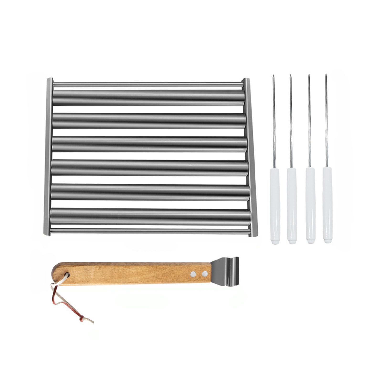 Mekalero Commercial Grade Rotating Sausage Maker with Extended Wood Handle and 4 Additional Skewers for Backyard Frankfurter Skewer Rack