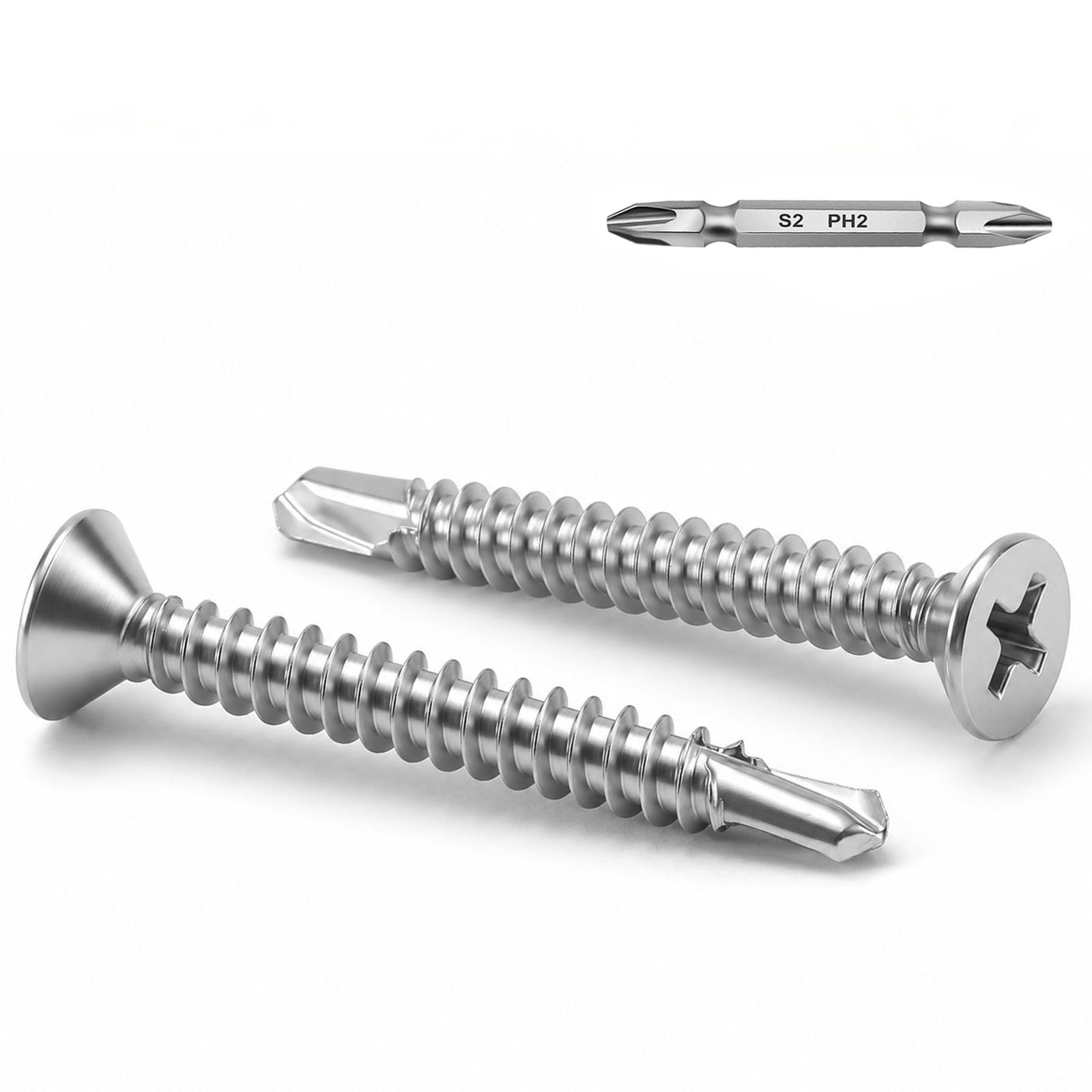 Wavanta 100Pcs M4.2 x 32mm Self Tapping Screws for Metal, 410 Stainless Steel Self Drilling Screws, Countersunk Phillips Sheet Metal Screws with Phillips Bit for Metal, Plastic and Wood