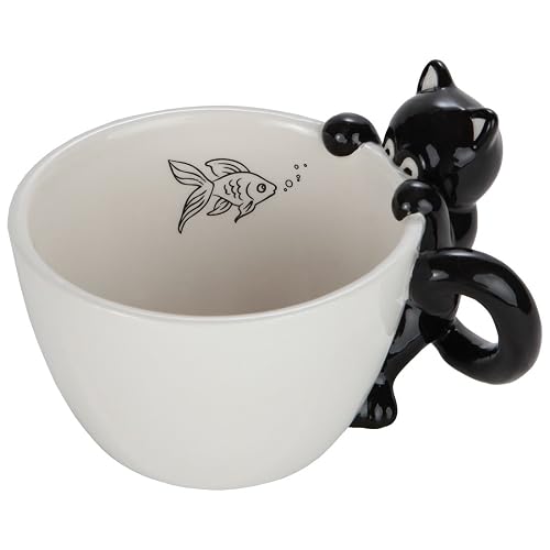 Lily's Home 9 oz Cute Fishing Black Cat Mug for Coffee and Tea. Ceramic 3D Animal Mug for Cat Lovers.cat coffee cup.cute 3D cat design