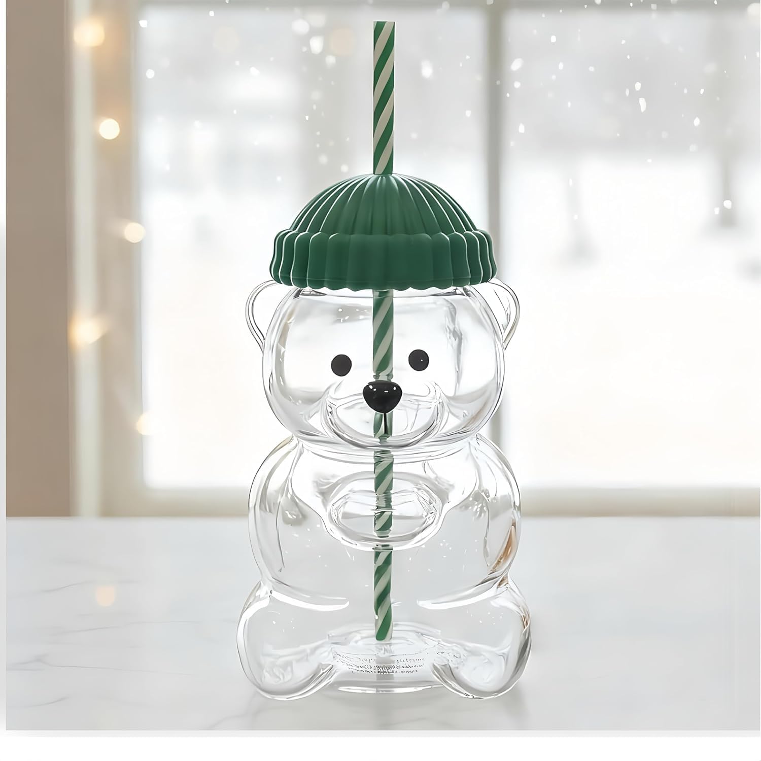 New Cute Bear Glass Cup with Straw & Lid | Teddy Bear Shape Glass Mug 550 ml Big Size | Glass Tumbler with Metal Lid & Silicone Cap | Clear Starbuck Coffee Mug | Transparent Drinking Glasses-image-48