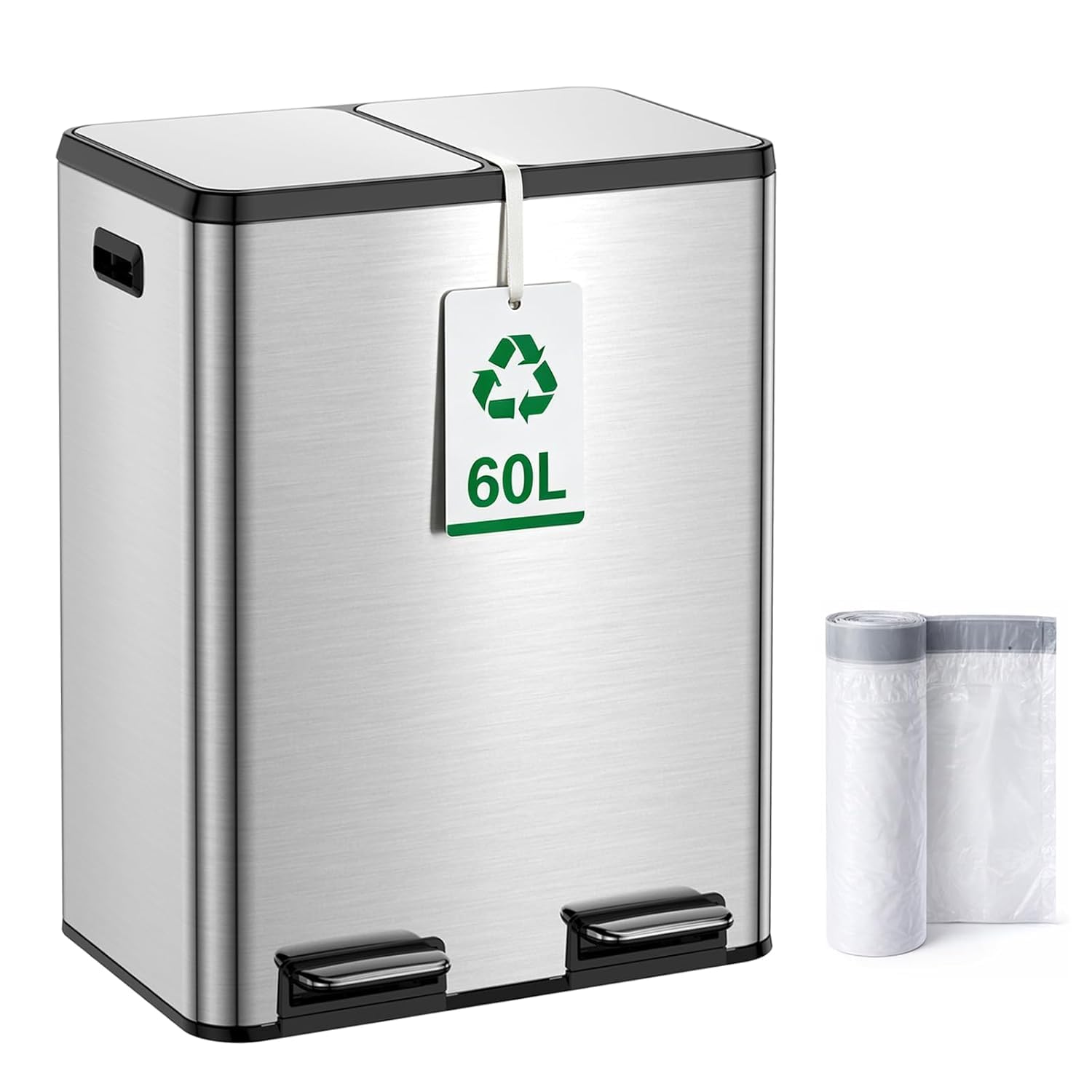 Kitchen Bin,60L Dual Rubbish Bin,2 x 30L Stainless Steel Pedal Bin,Double Bin Recycling with Soft-Close Lids and Plastic Inner Buckets,Fingerprint Proof,Odour Seal,Large Capacity, Metal Silver