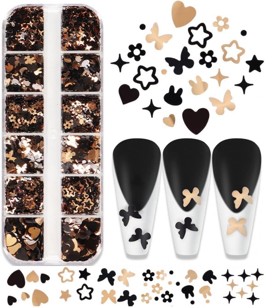 LOBE MIRACLE Butterfly Nail Art Sequins Glitter Set, 3D Epoxy Resin Charms, Hearts, Stars, Flowers, Black and Gold, DIY Manicure Kit Professional Nail Art Set-image-30