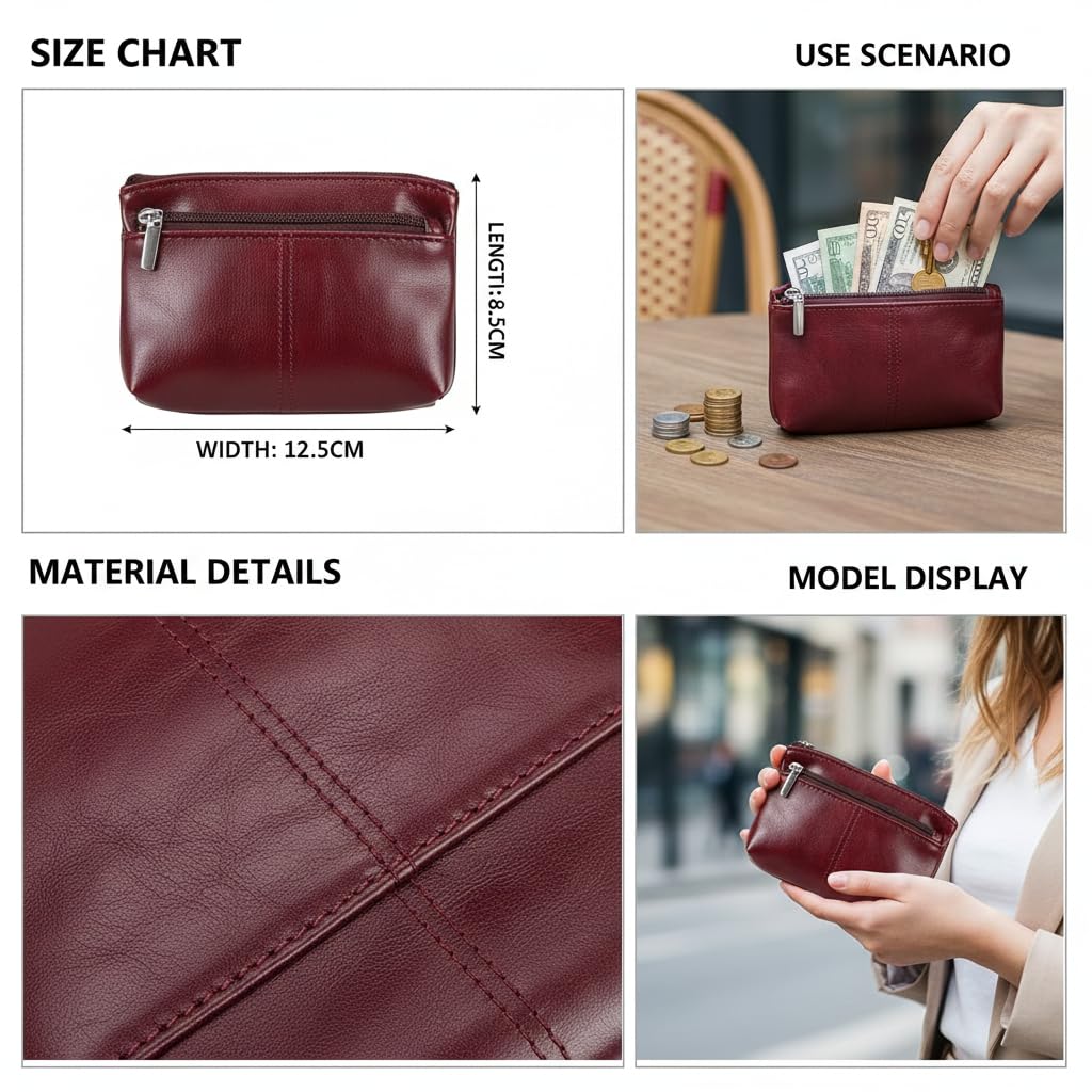 Porte-monnaie en cuir ciré avant et arrière avec fermeture éclair, sac de rangement portable pour pièces et cartes de crédit, convient aux hommes et aux femmes, résistant à l'usure et durable, doux au