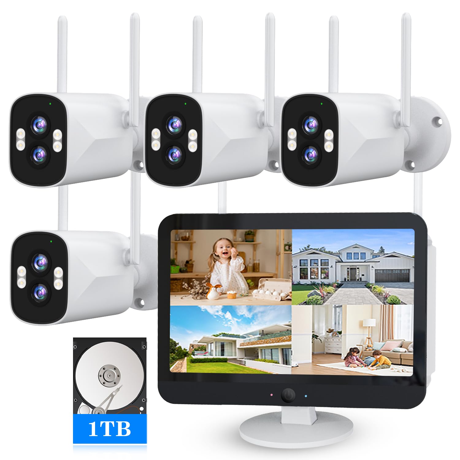 [Dual Lens 2K+2K&10X Zoom] Home Wireless Security Camera System with 12.5" LCD Monitor Outdoor, 10CH Kit 4PCS House WiFi Camera 1TB HDD
