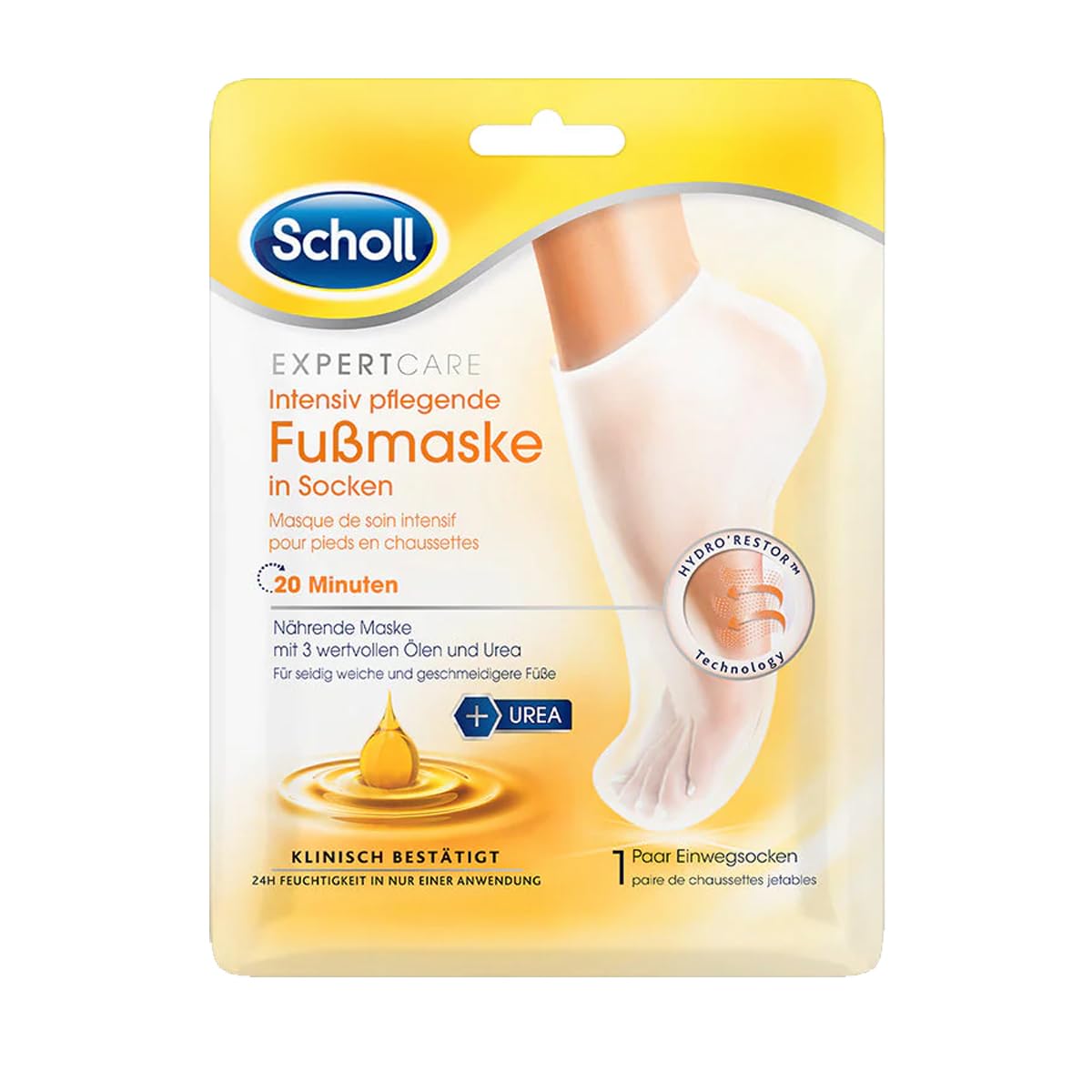 Scholl Expertcare Intensif Masque de Pied Nourrissant avec 3 Huiles Précieuses - Soin Hydratant - 1 Paire de Chaussettes Jetables