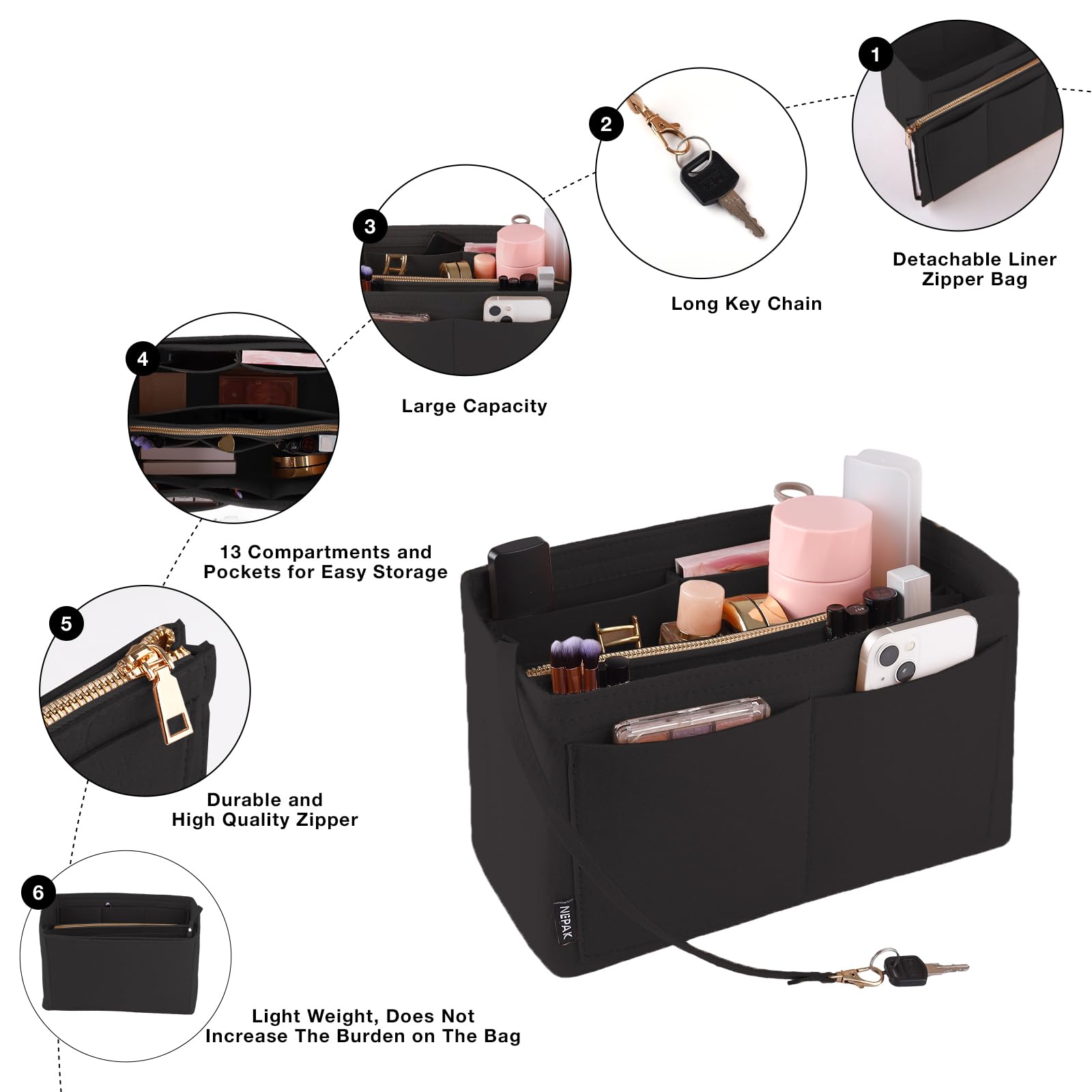 NEPAK Organizzatore di feltro per donne (con borsa rimovibile),Feltro Organizer da Borsa,Borsa di pannolini (Nero,L)