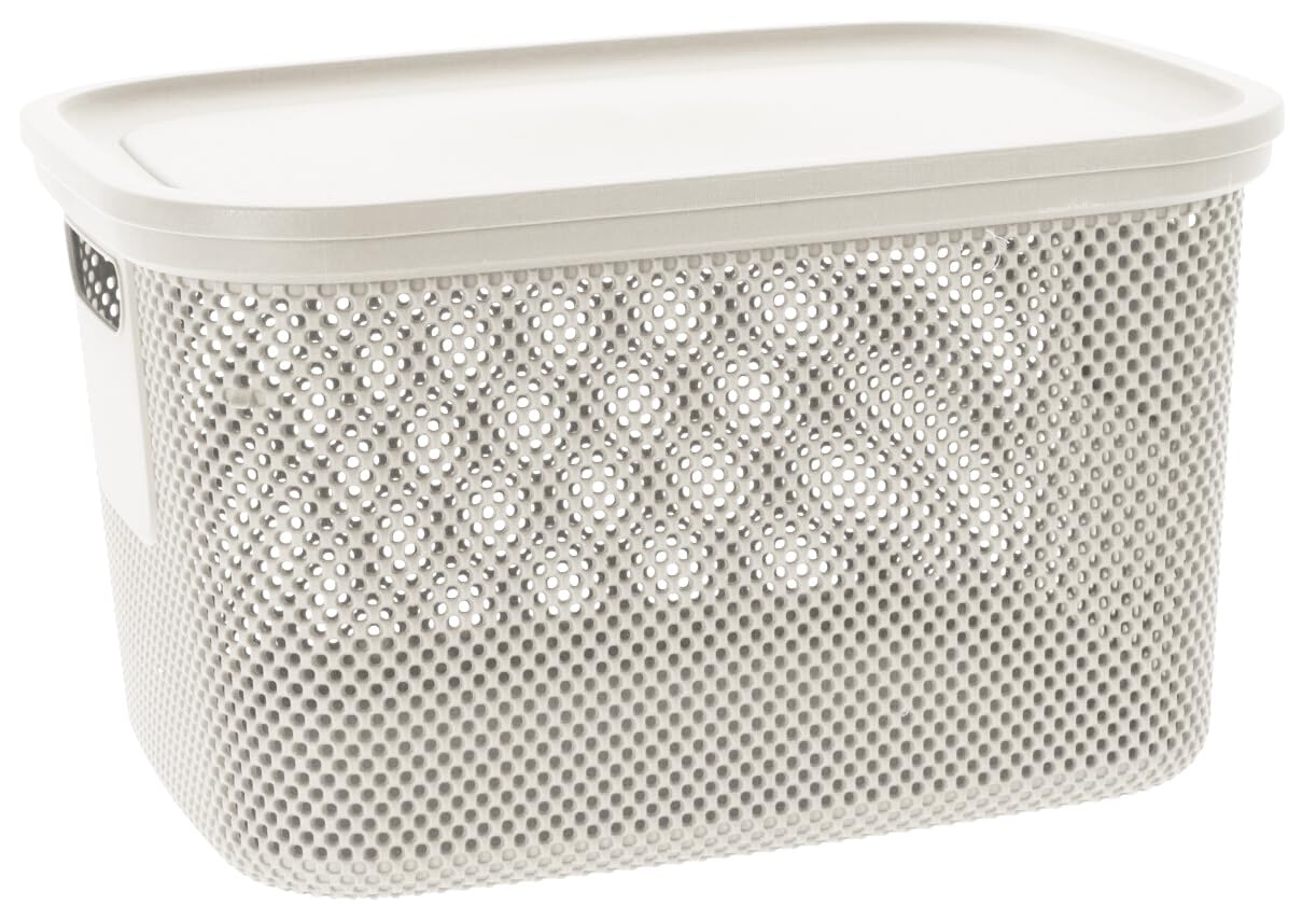Muddy Hands Decorative Plastic Storage Box with Lid Home Kitchen Bedroom Bathroom Office Stackable Lidded Basket Container (18 Litre, Cream)