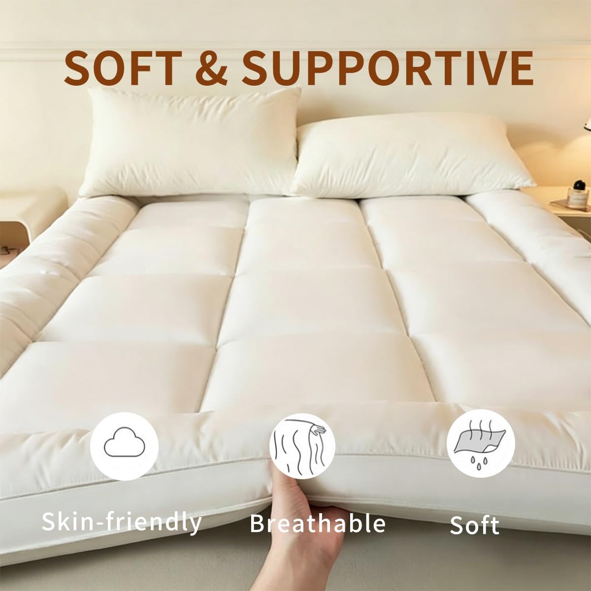OBONG Topper Matrimoniale 180x200 Topper Materasso Trapuntato Alto 7cm Imbottitura Alternativa alla Piuma Coprimaterasso Respirabile con Bande Elastiche(TWIN-90 * 200cm)