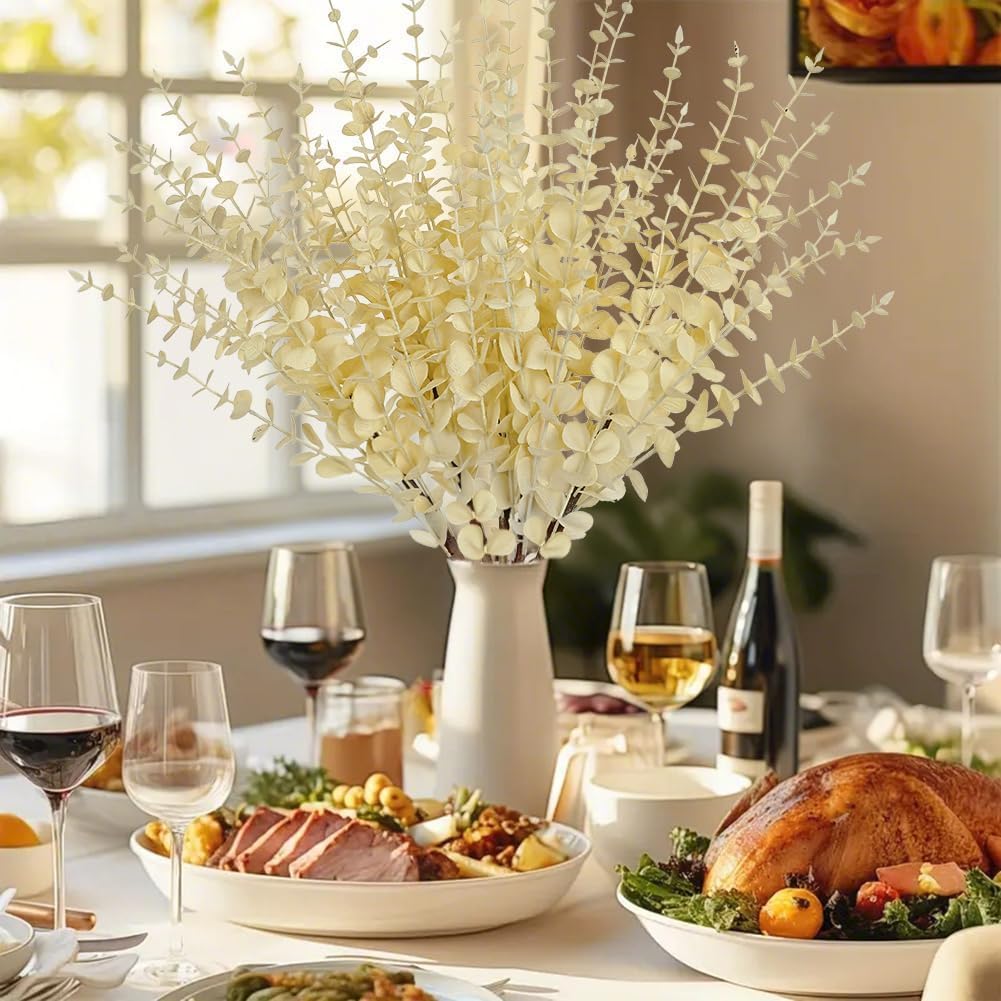 GnFlus 5 Pcs Artificial Eucalyptus Stems Fall Eucalyptus Leaves Autumn Leaf Branches Fall Decorations with Foam Fall Leaves for Home Floral Arrangement Autumn Festival Thanksgiving Decor Cream White