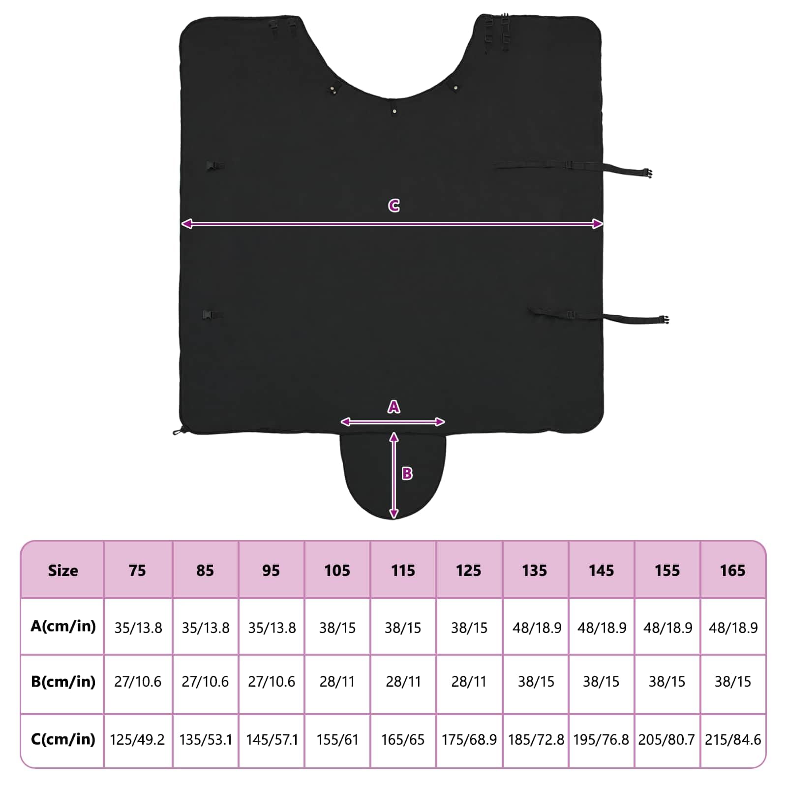 Manta de caballo negra de 85 cm, poliéster, impermeable, transpirable, resistente al viento, para pastoreo, exterior, transición con correa ajustable, protección para cuello y pecho en invierno