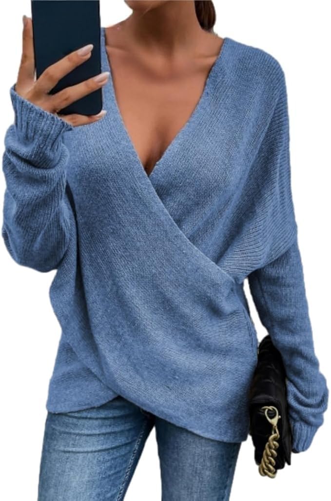 Women's V-Neck Crisscross Sweater Oversized Long Sleeve Cross Wrap Knit Pullover Top Fall Fashion Cute Sweaters